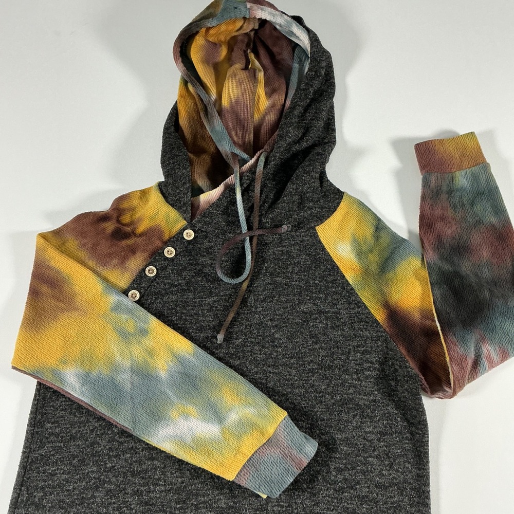 White Birch Waffle Knit Henley Tie Dye Raglan Sleeve Hoodie Earthy Charcoal M